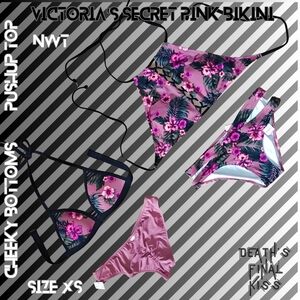HTF Victoria's Secret Pink Begonia Floral Pushup Halter Ruched Cheeky Bikinis XS